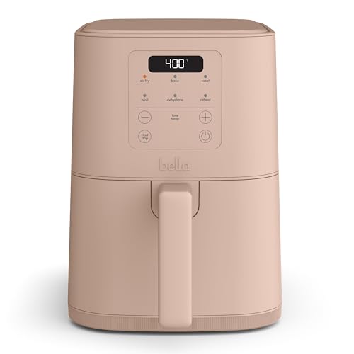 bella 4Qt Slim Air Fryer, Fits-anywhere™ Kitchenware, EverGood™ Ceramic Nonstick Coating, Adjustable Temperature, 6 Preset Cooking Options, 60 Min Auto Shutoff w Audible Tone, 3.3lb Capacity, Oatmilk