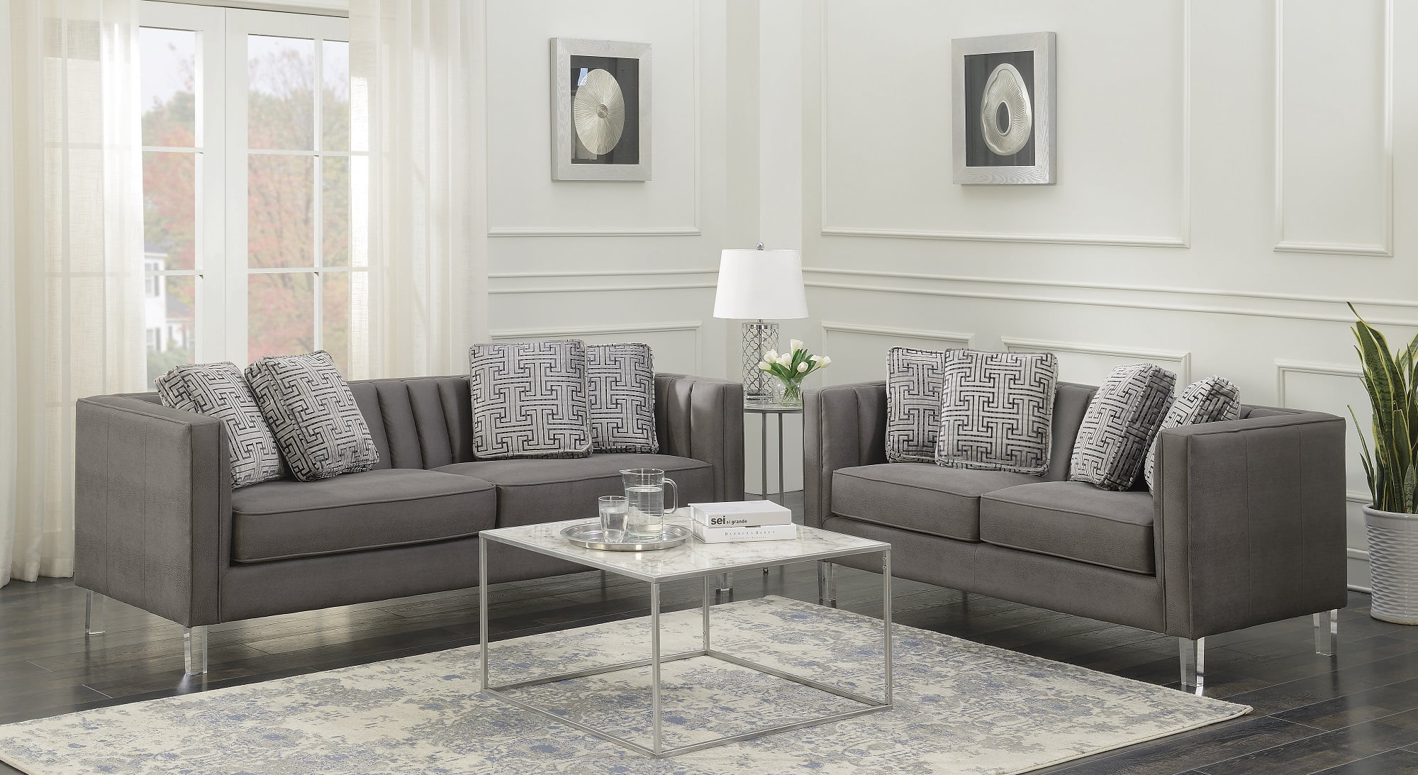 HomeFare Chic Acrylic Leg Iron Channeled Sofa Grey