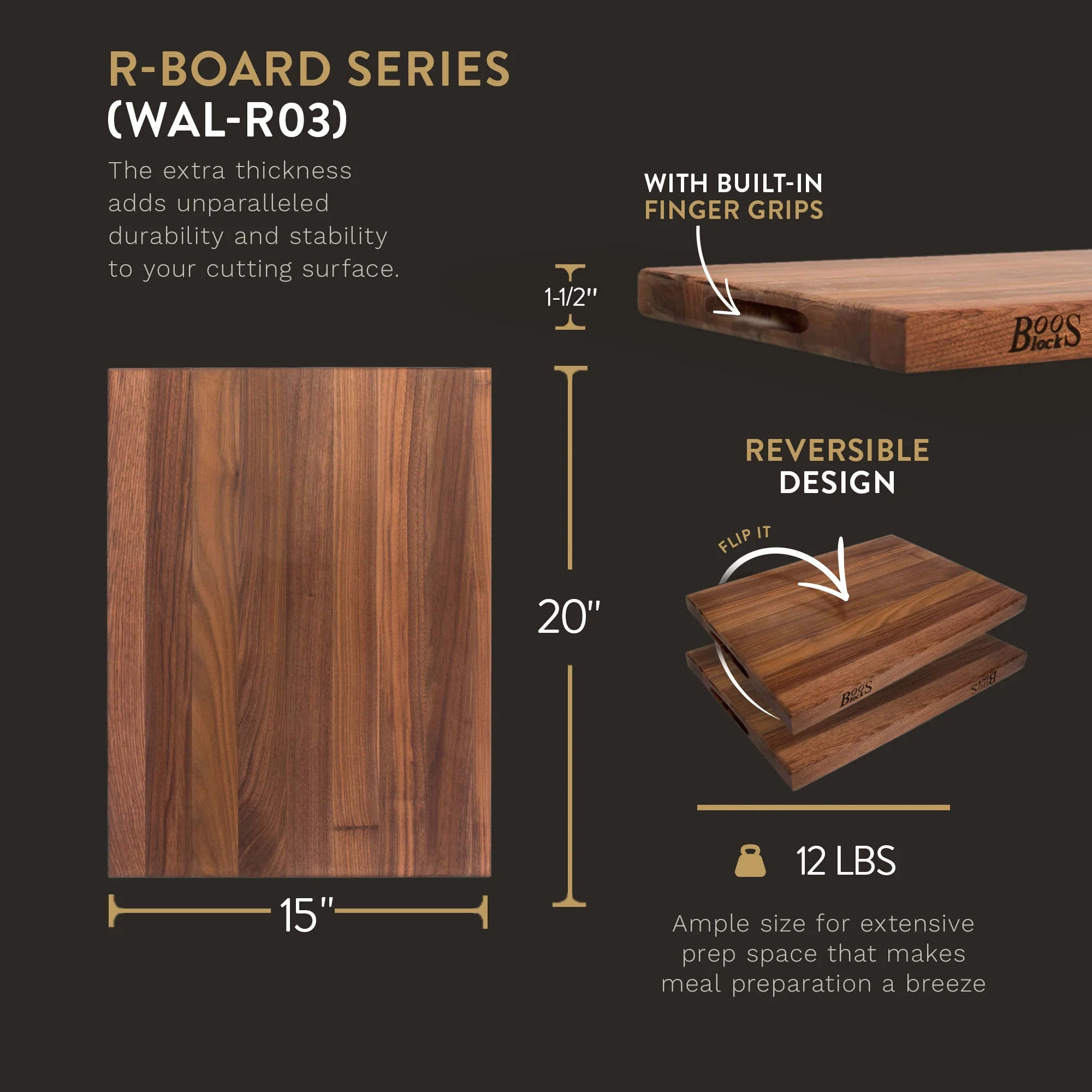 John Boos Walnut Wood Edge Grain Reversible Cutting Board, 20