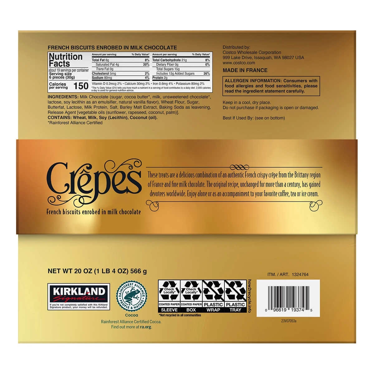 Kirkland Signature Crepes French Biscuits in Milk Chocolate (Glod Box) 20 oz