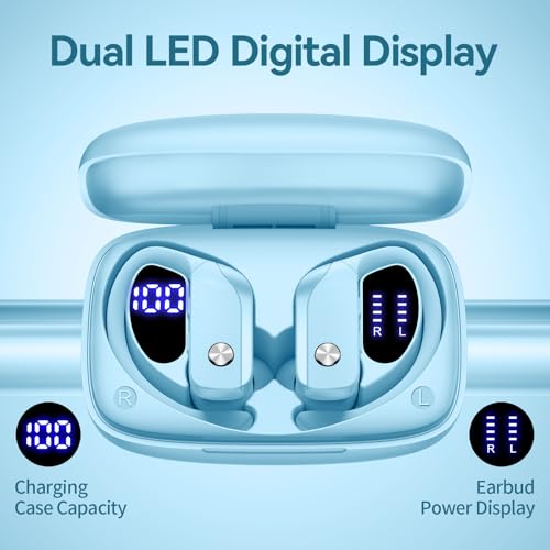 bmani Wireless Earbuds Bluetooth Headphones 48hrs Play Back Sport Earphones with LED Display Over-Ear Buds with Earhooks Built-in Mic Headset for Workout Black