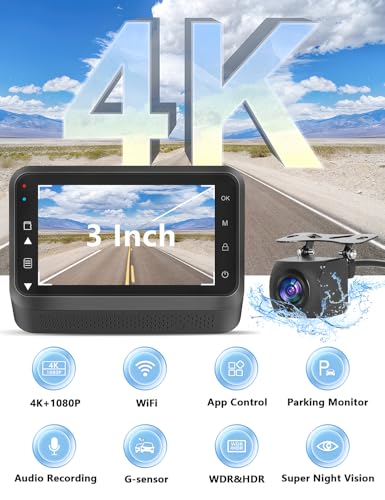 Dash Cam Front and Rear Camera, 4k+1080P WiFi Dual Dash Cam with APP, 3’’ IPS Dash Camera for Cars with Free 64GB Card, Otovoda Dashboard Camera with Night Vision, 24/7 Parking Monitor, WDR