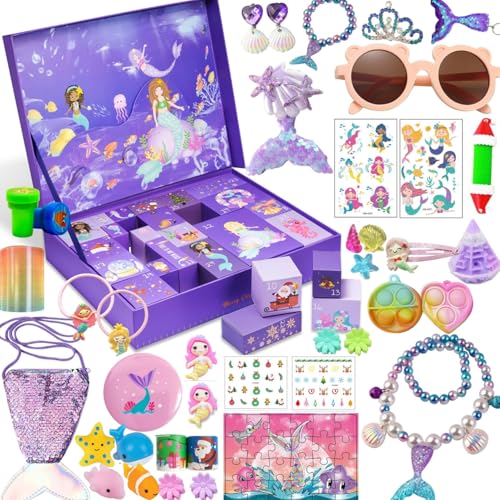 Advent Calendar 2025 for Girls - 24 Days Surprise Christmas Mermaid Gift Box - Christmas Countdown Kids Advent Calendars - Mermaid XMAS Gifts Including Hair Accessories, Fidget Toys