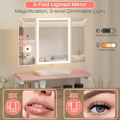 Vanity Desk with Mirror and Lights, 28.4''W Small Makeup Vanity Table with Height-Adjustable Stand, 2 Fabric Drawers Compact Makeup Desk, Gift for Girls, Bedroom Small Space, White