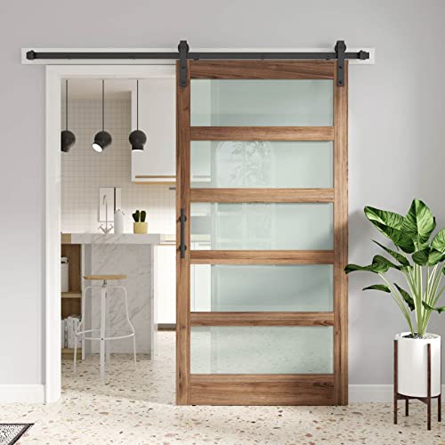 FREDBECK 36 x 84 inch Glass Barn Door with 6.6FT Barn Door Hardware Kit,5-Panel Frosted Glass, Water-Proof Surface,Pre-Drilled Holes,Need Assembly,Fit 33in-34in Opening