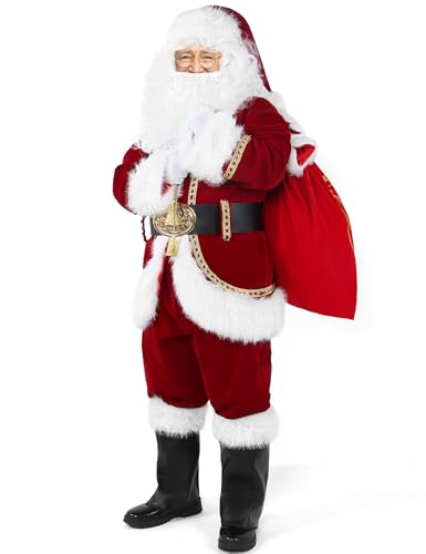 Santa Claus Costume for Men 11PCS Deluxe Adult Christmas Santa Suit Professional Red Outfit Xmas Holiday Cosplay