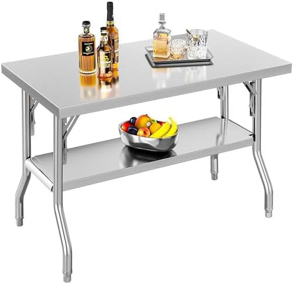 KHBIULIFE Stainless Steel Folding Table  48" X 24" Folding Prep Table  NSF Foldable Stainless Steel Table for Home Kitchen Restaurant Garage Warehouse