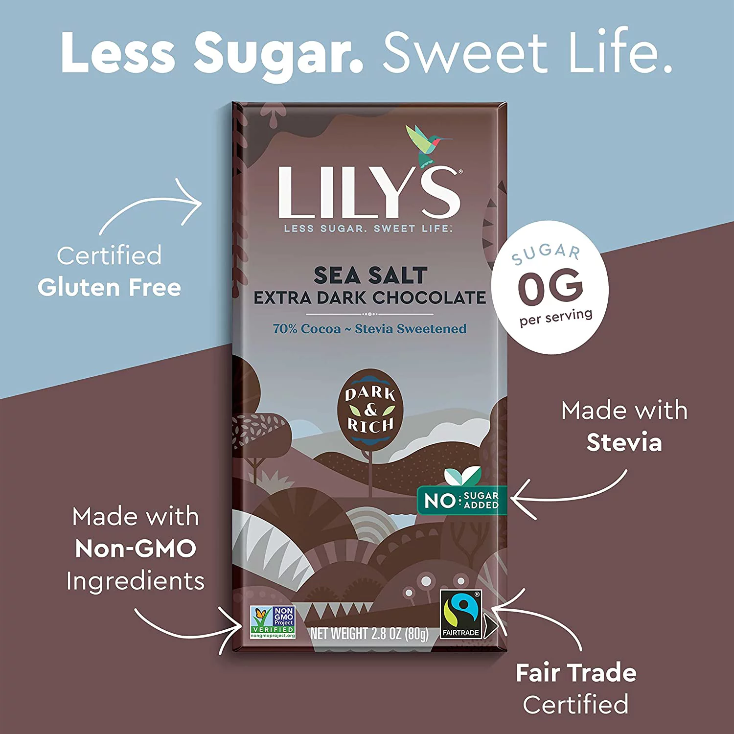 Sea Salt Dark Chocolate Bar by Lily's | Stevia Sweetened, No Added Sugar, Low-Carb, Keto Friendly | 70% Cocoa | Fair Trade, Gluten-Free & Non-GMO | 2.8 ounce, 12-Pack