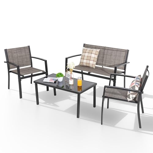 Shintenchi 4 Pieces Patio Furniture Set with Glass Coffee Table, Loveseat,2 Single Chairs,Patio Set with Breathable Backrest Material,Conversation Set for for Patio, Garden(Dark Black)