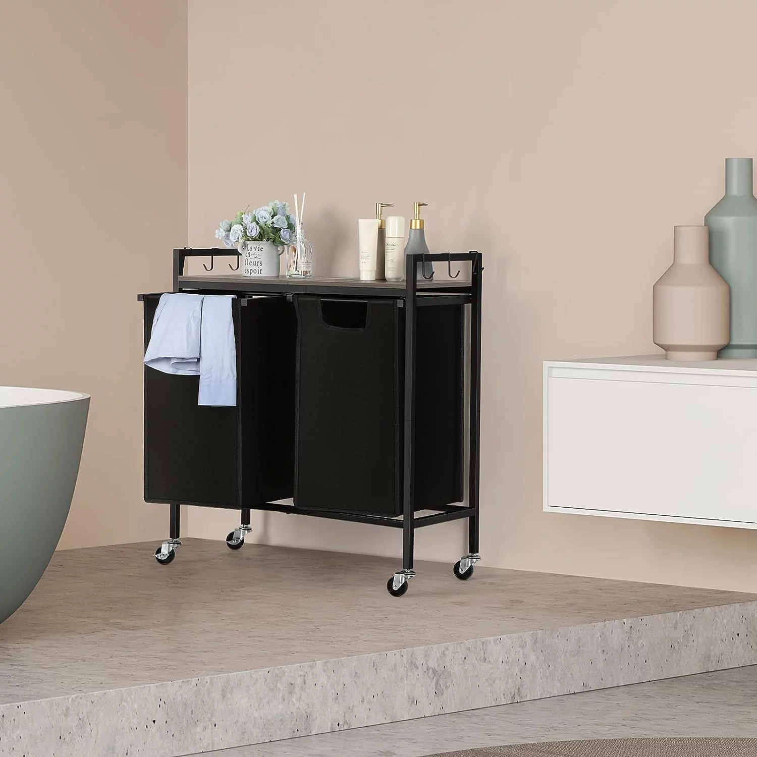 Rolling Black Double Laundry Hamper Basket with Removable Bag and Gray Wood Shelf