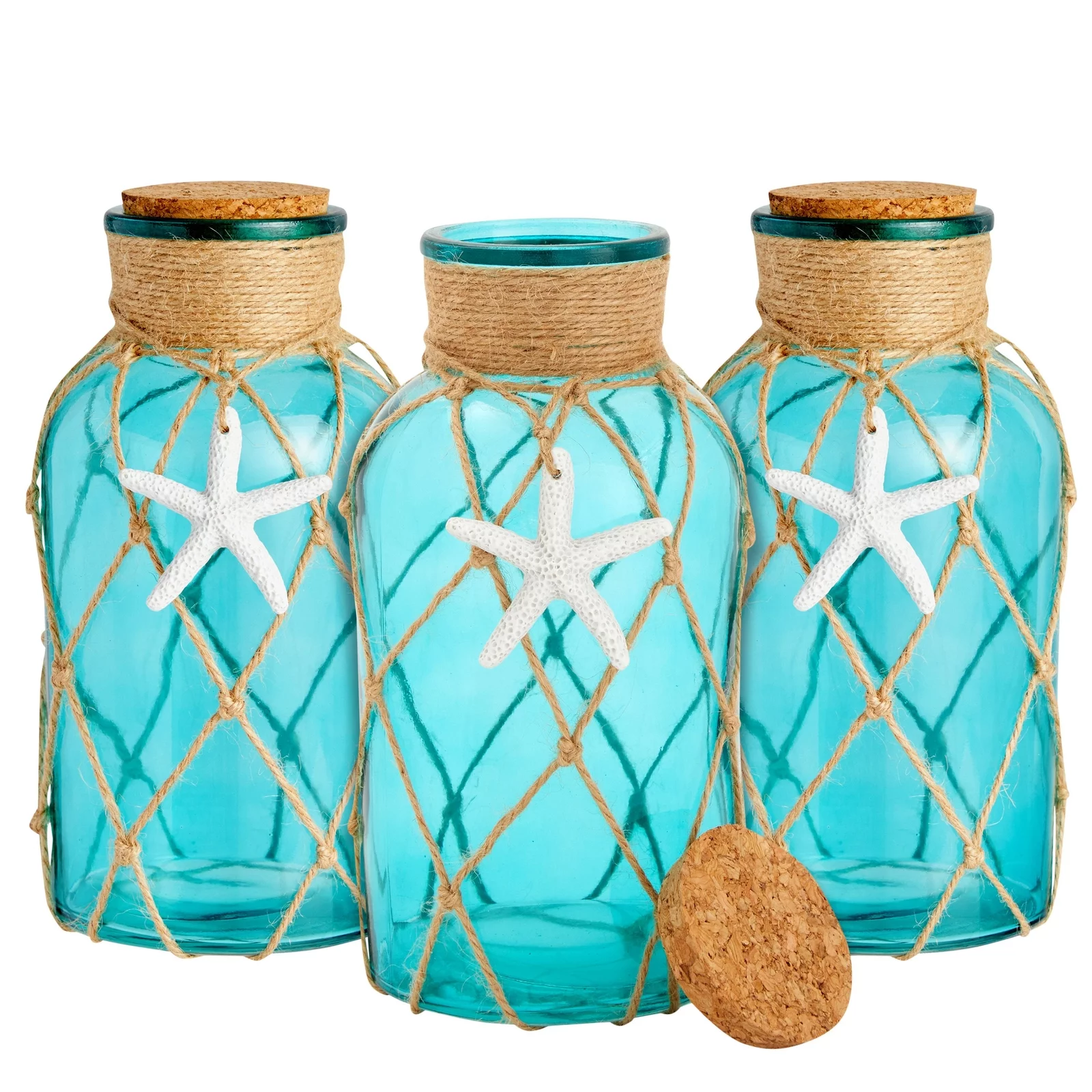 3 Pack Blue Glass Vase with Cork Lid, Rope and Starfish Accent, Beach Home Decor (4 x 8 In)