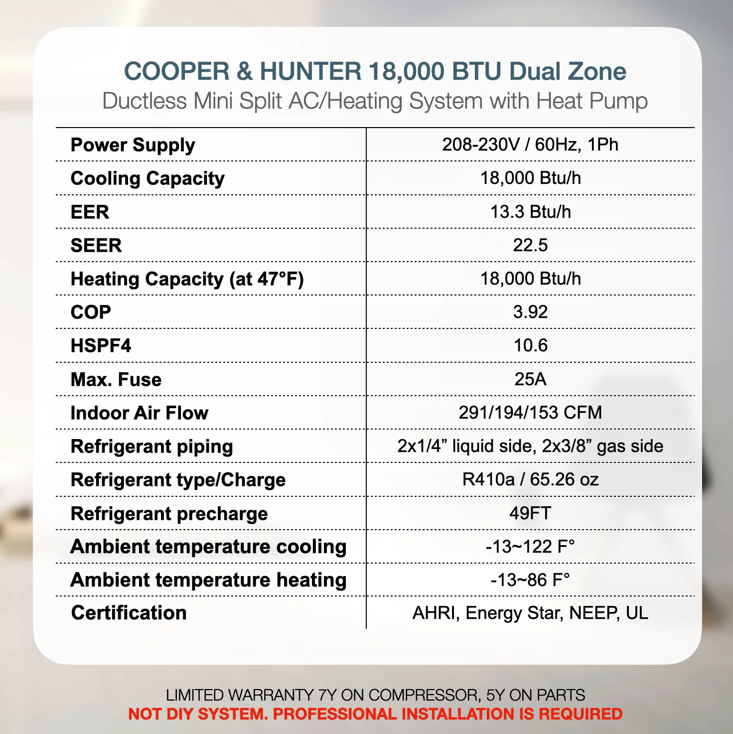 Cooper & Hunter 18000 BTU 230V Wall Mounted Dual 2 Zone Mini Split Heat Pump Air Conditioner 9K + 12K BTU Cover 950 Sq Ft WiFi