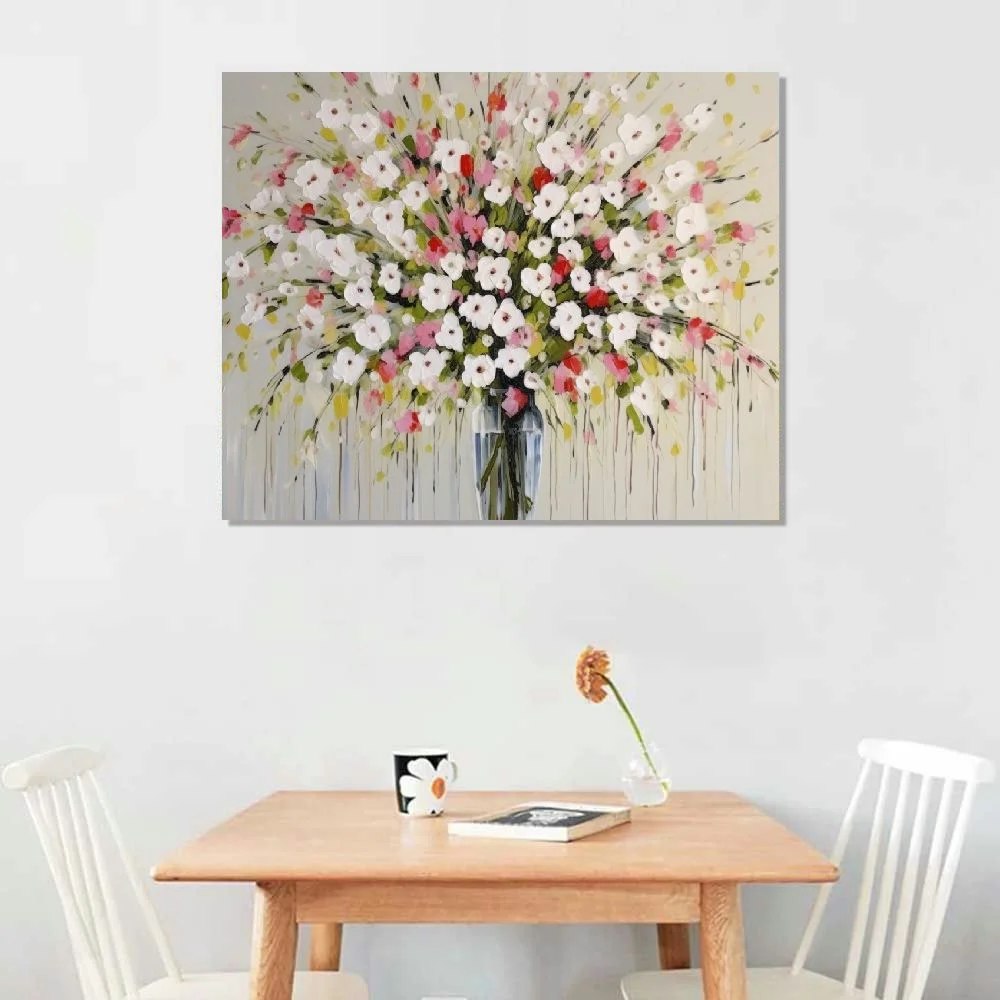 Chilfamy  20x16 Inch Hand-painted Floral Oil Painting Wall Deco Art White and Red Flower Bouquets Bloom in a Vase For Home Wall Decoration