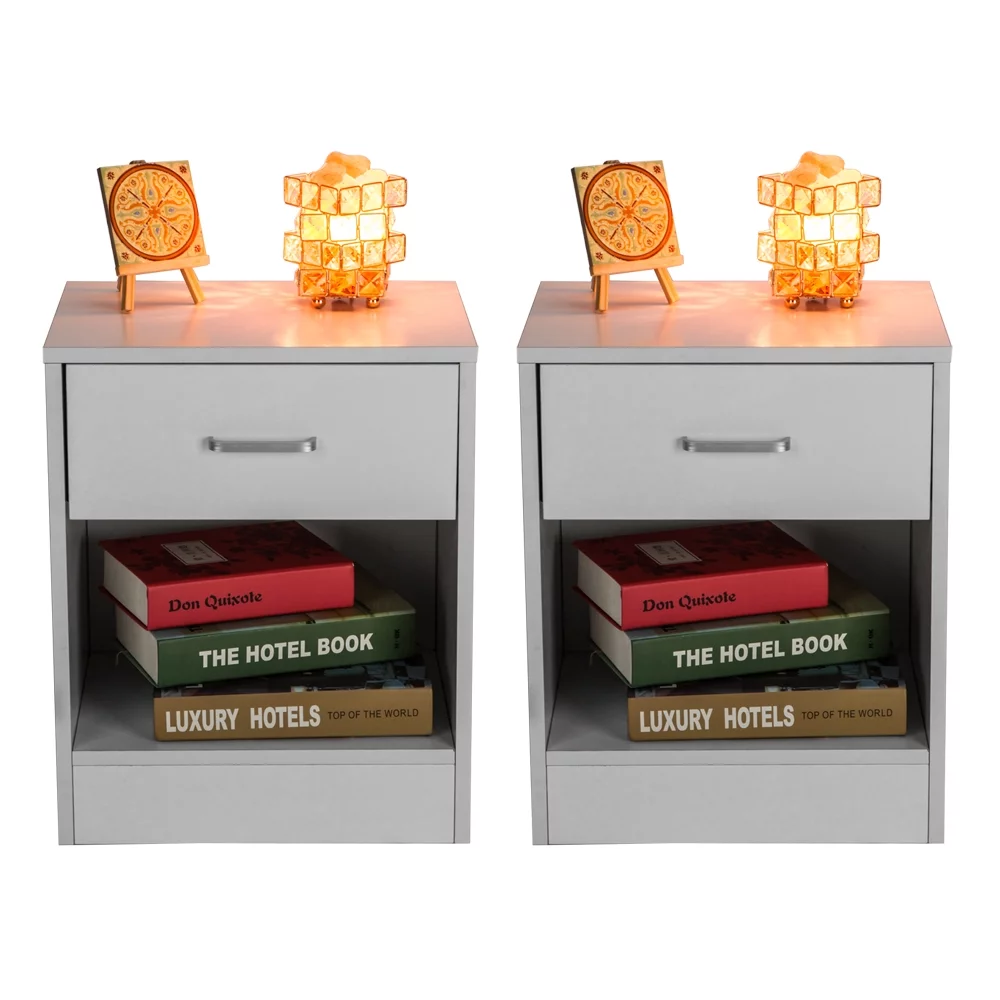 Royard Oaktree Nightstand Set of 2 with Drawer and Open Cabinet Modern White End Table with Storage Wood Bedside Table for Bedroom Living Room