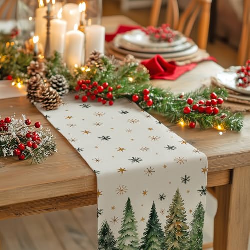 GEEORY Christmas Table Runner 13x72 Inch, Xmas Trees Snowflakes Winter Holiday Decorative Farmhouse Table Decorations for Kitchen Dinning, Indoor Outdoor Dinner Party Decor (Red) GT150-72