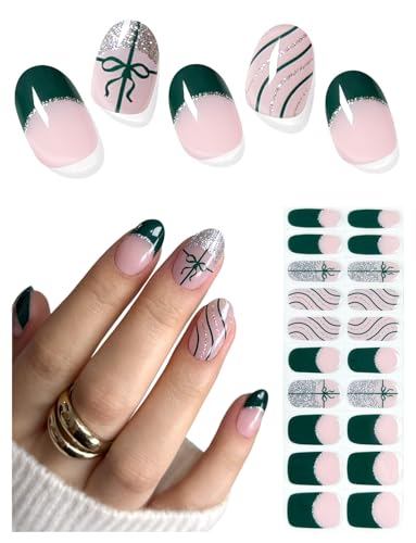 Semi Cured Gel Nail Strips (French Snowflake), Christmas, 20 Pcs Gel Nail Wraps, Stickers, Salon Quality, Long Lasting, Works with Any UV Lamps