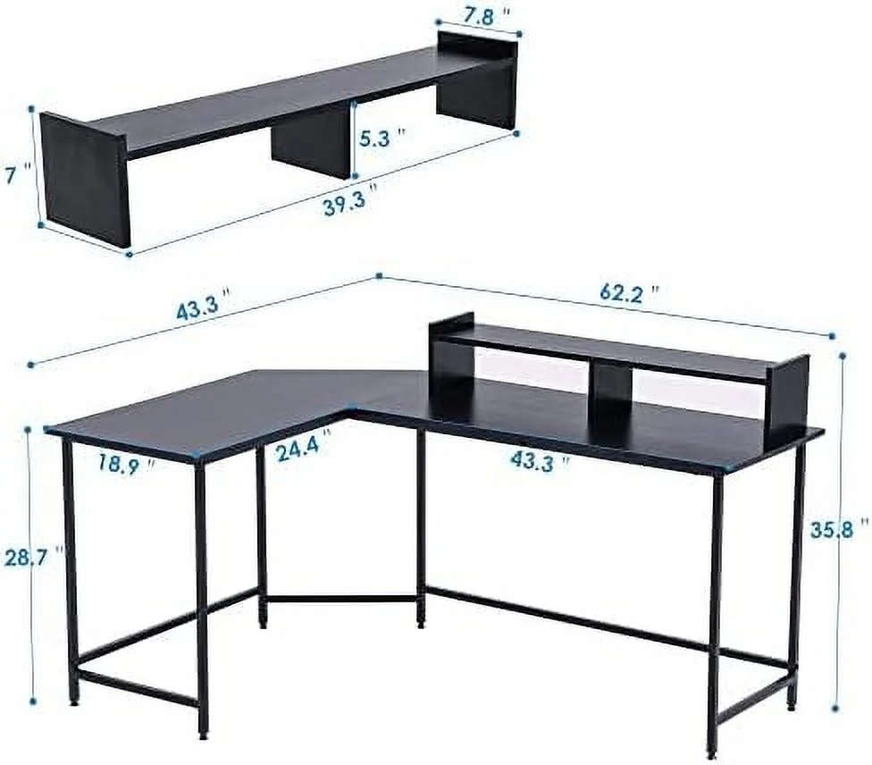 HJZBNONE Modern L-Shaped Computer Office Desk  Gaming Corner Desk with Monitor Stand  Home Office Study Writing Table Workstation for Small Spaces