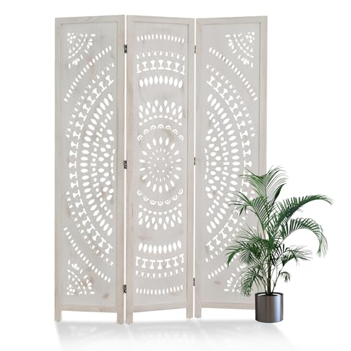 Room Divider Wood Carved Wall Divider Indoor Folding Bohemian Style Portable Partition Screen for Home Office Garden Terrace - 6 Panels (Antique, White-Washed)