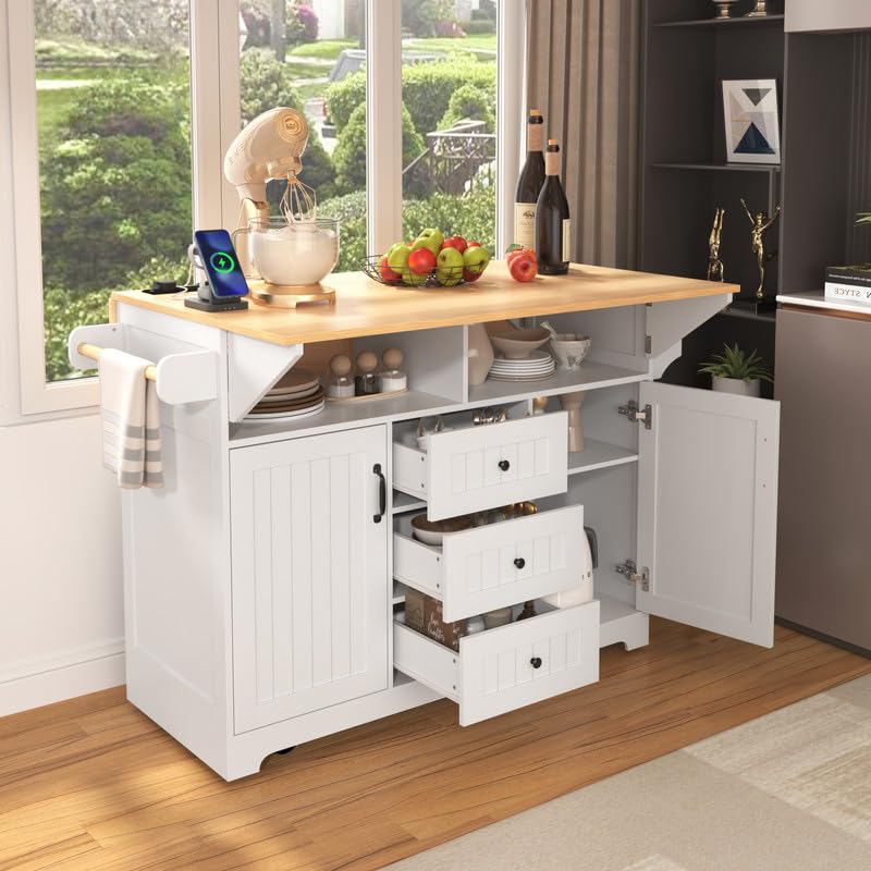 55.7'' Large Kitchen Island with 2 Drop Leaf, Rolling Kitchen Cart on 5 Wheels with Power Outlet, Folding Storage Dining Table with Spice & Towel Rack , 3 Drawers, for Kitchen, Dining Room