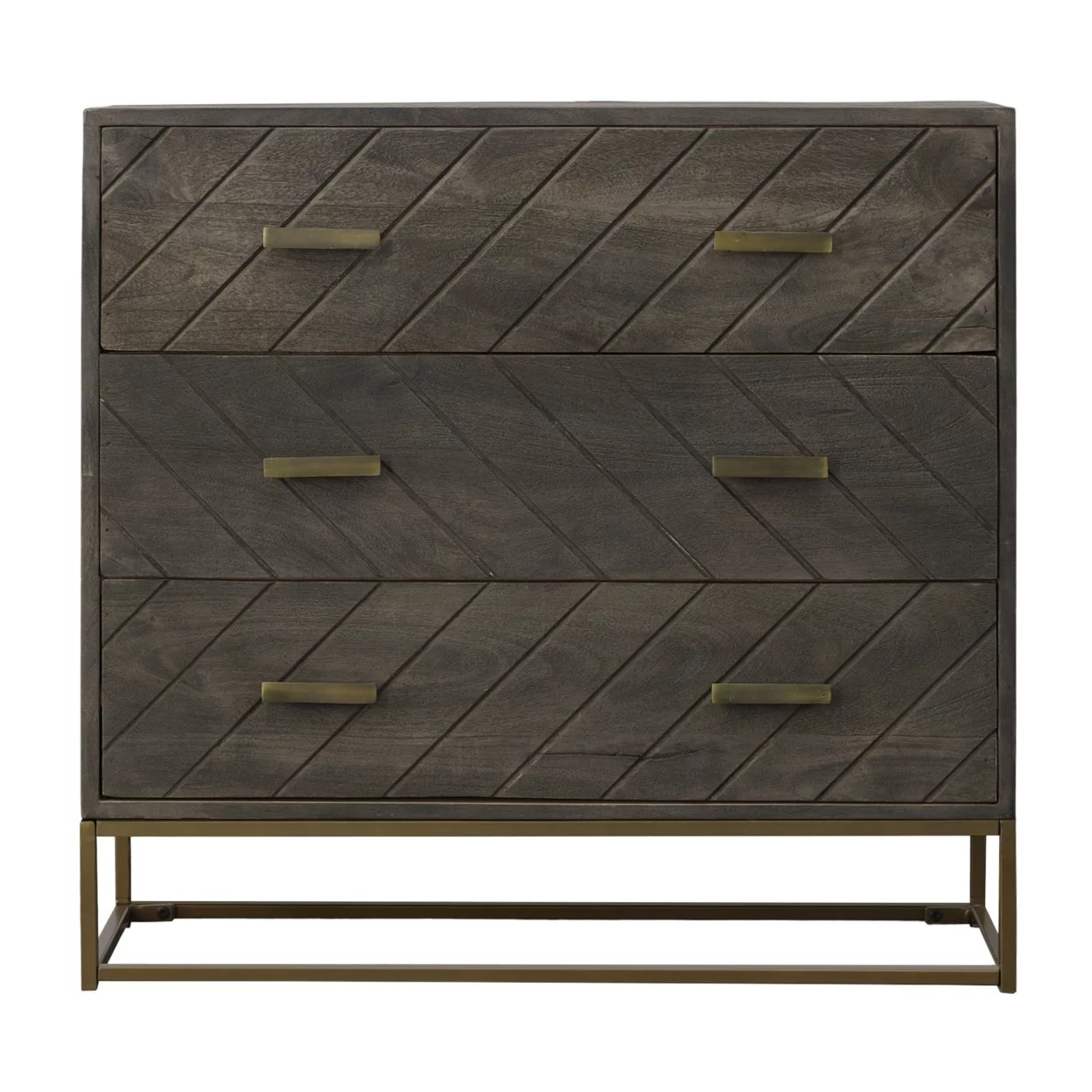 Roy 32 Inch 3 Drawer Mango Wood Dresser Chest, Rustic Bronze Metal Frame, Gray- Saltoro Sherpi