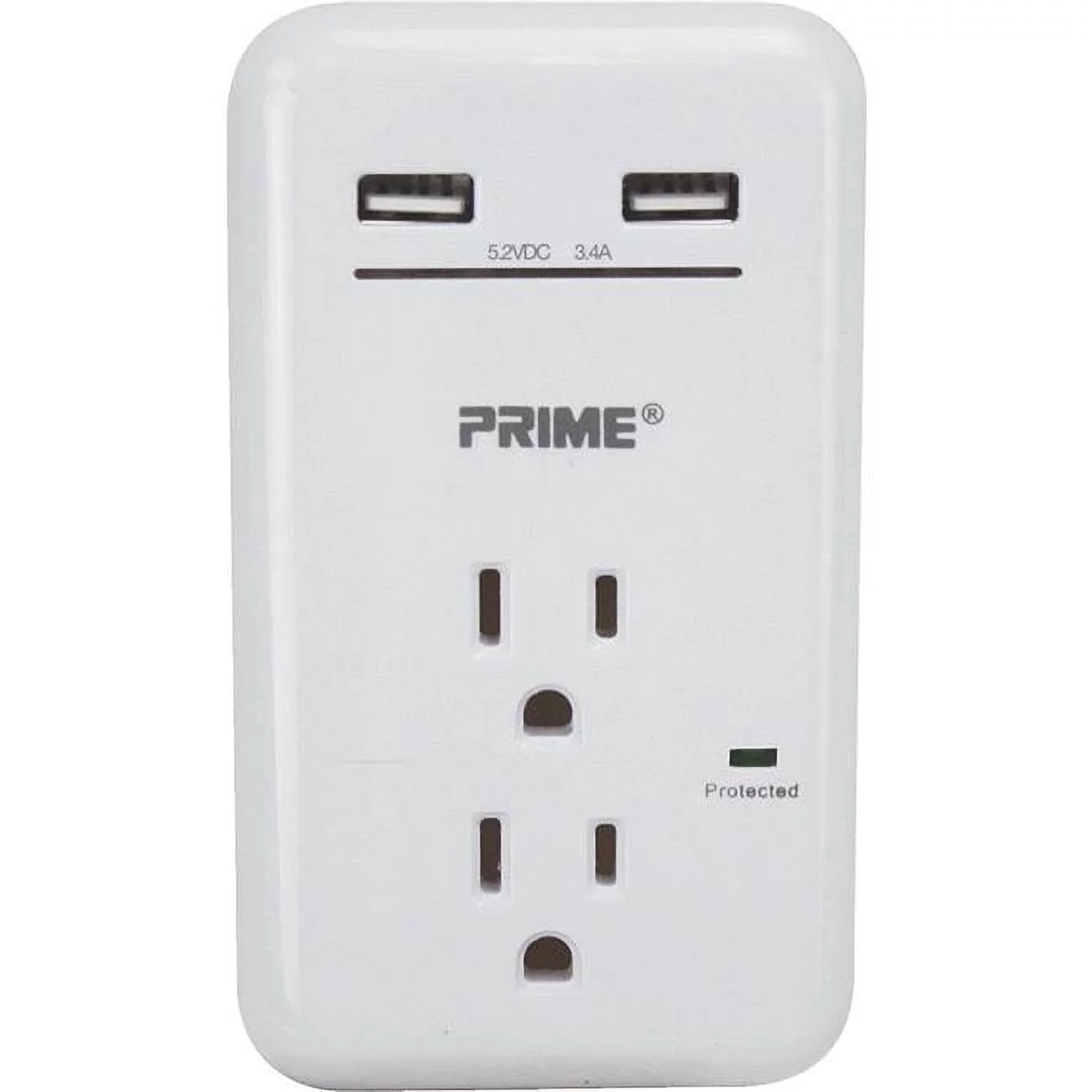 Prime Line  125 V 2-Outlet & 3.4A 2-USB Charger with Surge Protection, White