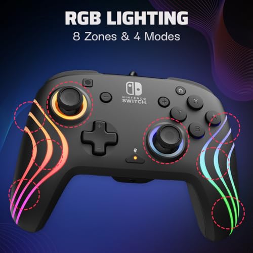 PDP Afterglow Wave Wireless RGB Gaming Controller - Nintendo Switch/Switch Lite/Switch - OLED Model, Nintendo Switch 2, LED Lighting, Rechargeable Battery - Black