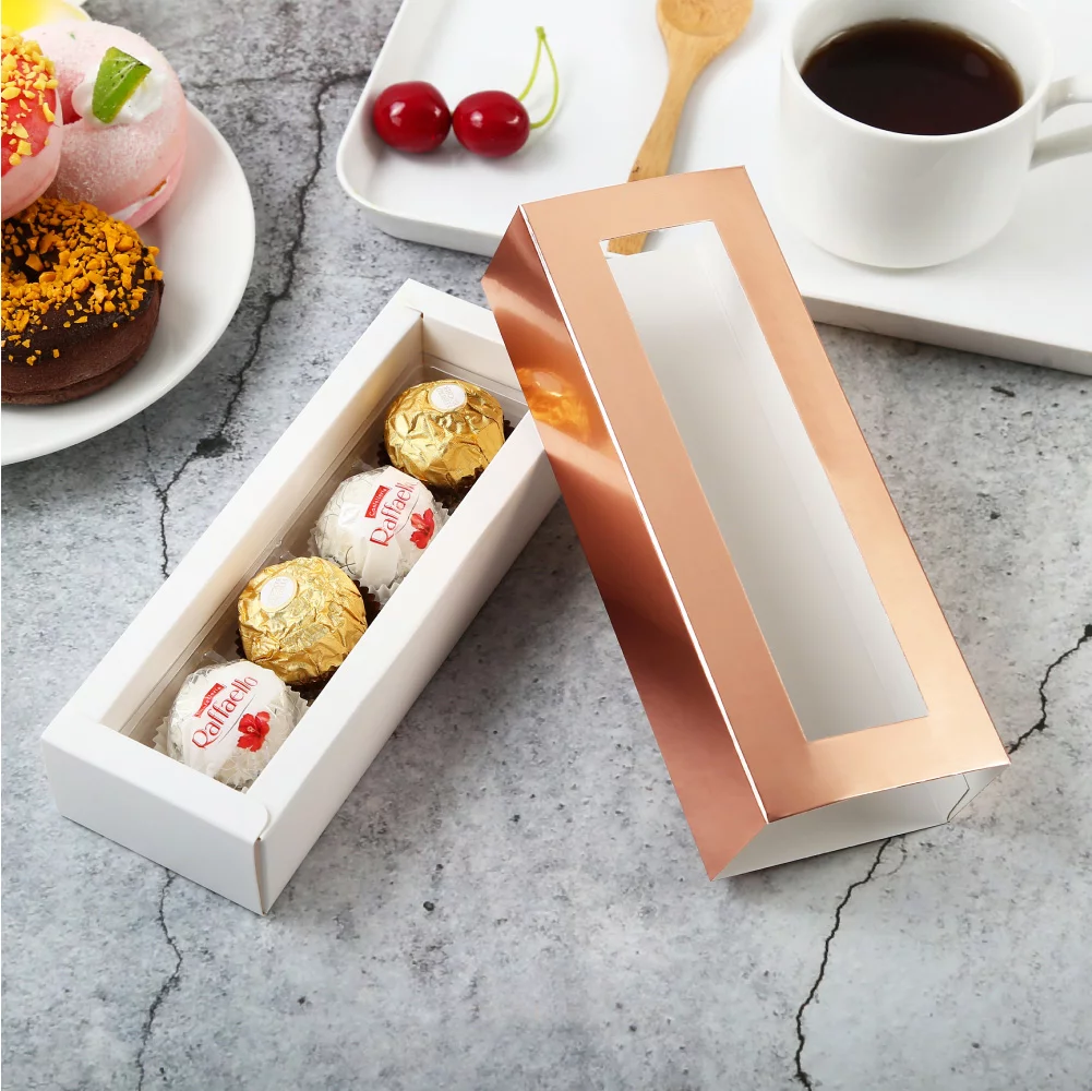 PKGSMART 20 Rose Gold Truffle Box, Chocolate Box Packaging, Candy Boxes with 4-Piece Plastics Tray, 6.2x1.7x1.25 inches