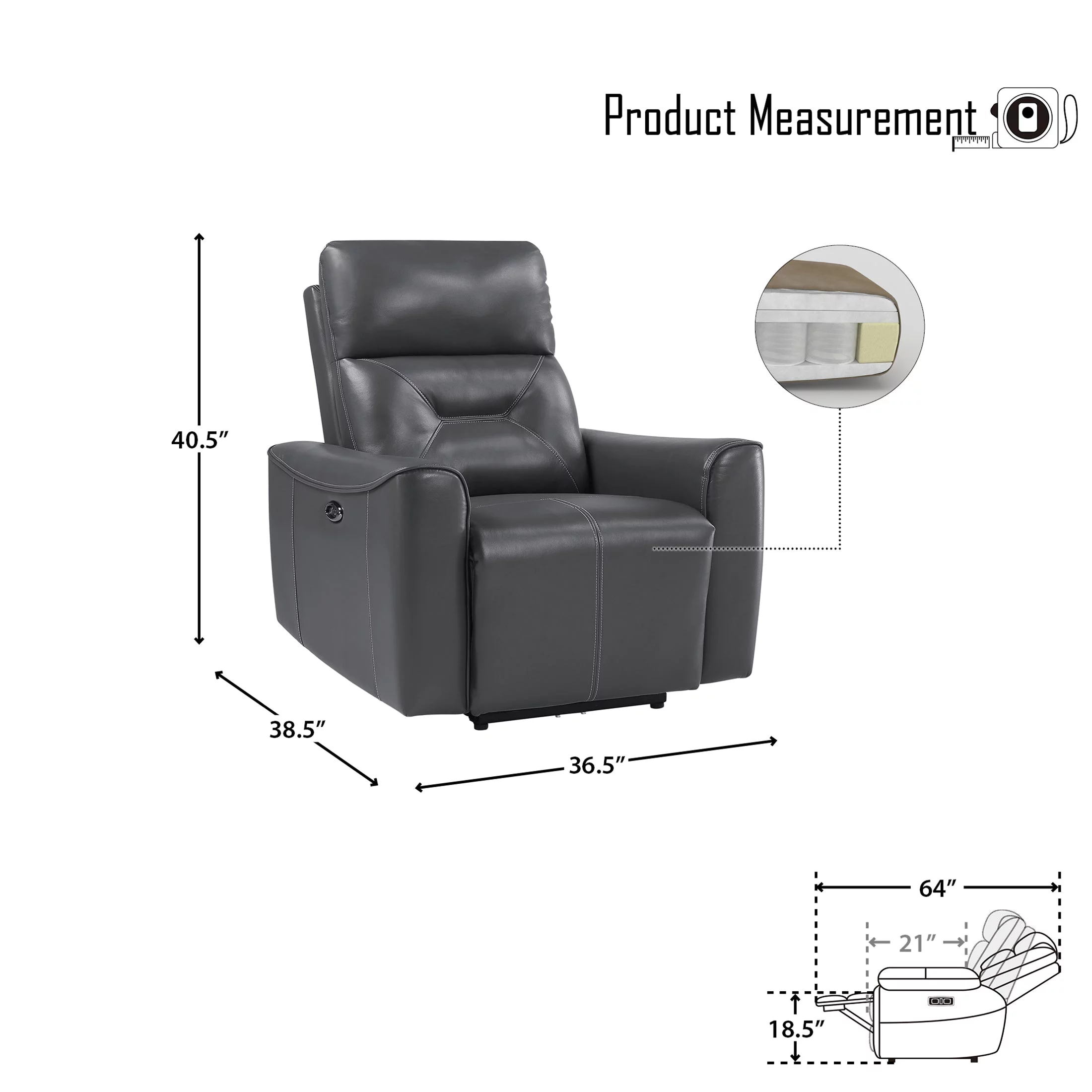 OakvillePark Betong Faux Leather Upholstered Power Reclining Chair, Dark Gray