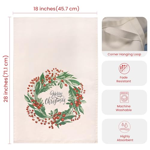 The Fine Living Co. 100% Cotton Merry Christmas Kitchen Towels, 18'x28' Set of 2 (Cherry Red & Green)