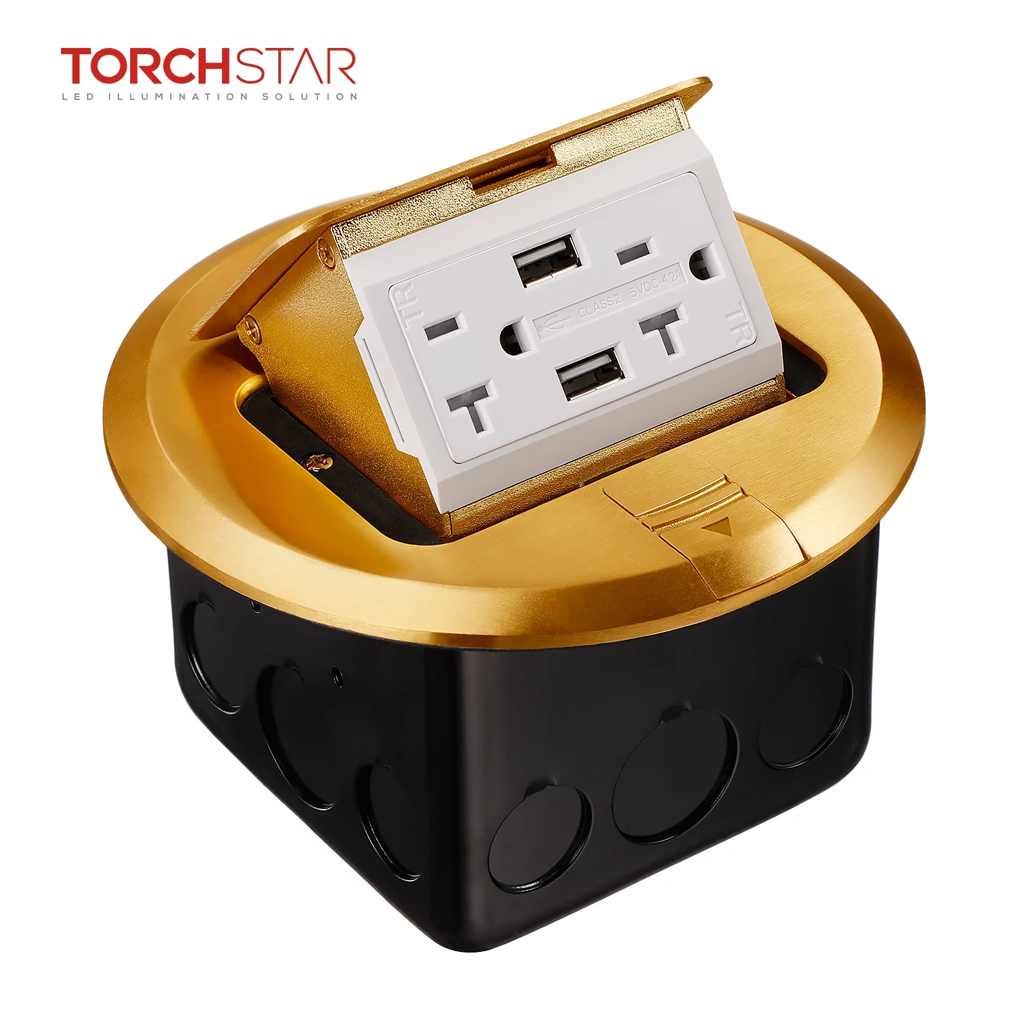 TorchStar Pop-up Brass Cover Electrical Floor Outlet Box, UL Listed 20A 2AC Receptacle Outlets & 2 USB Ports Countertop Box, Damping Spring & Anti Electrical Shock Plate