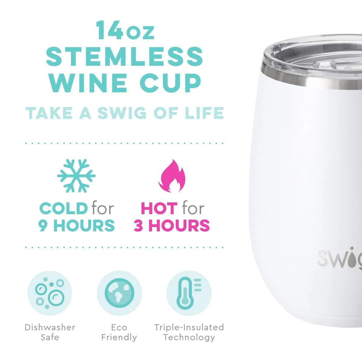 Swig Life 14oz Stemless Wine Cup | Insulated Stainless Steel Wine Tumbler | White