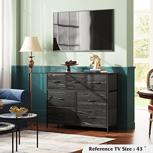 WLIVE 7 Drawer Dresser TV Stand, Entertainment Center, Media Console Table with Metal Frame and Wood Top for TV up to 45 inch, Chest of Drawers for Bedroom, Charcoal Black Wood Grain Print