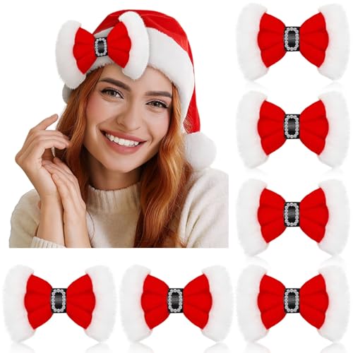 6 Pcs Christmas Hair Bow Santa Claus Hair Clips Red Velvet Ribbon Bow Glitter Rhinestone Accessory Xmas Santa Decor Cute Barrettes Alligator Hairpins Holiday Party Dress Girl Women Gift