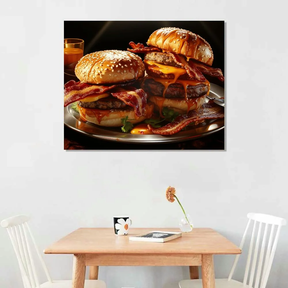 EastSmooth Modern Canvas Paintings Wall Art Pictures Posters American fast food A juicy American burger two beef patties a dark Stretched and Framed Artwork for Living Room Bedroom Decor Gift