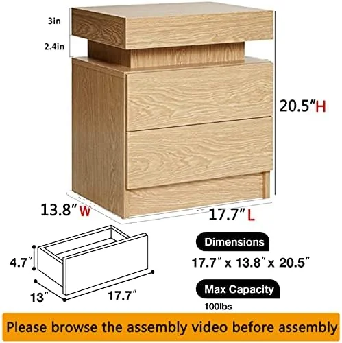 KHBIULIFE LED Nightstand White Nightstand with Led Lights Modern Night Stand with 2 High Gloss Drawers Led Bedside Table Smart Nightstand for Bedroom 20.5\u201D Tall