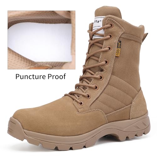 Men's Military Tactical Work Boots with Side Zipper, Puncture Resistant, Desert Combat, Army Jungle, 8 Inch Lightweight Hiking Boots