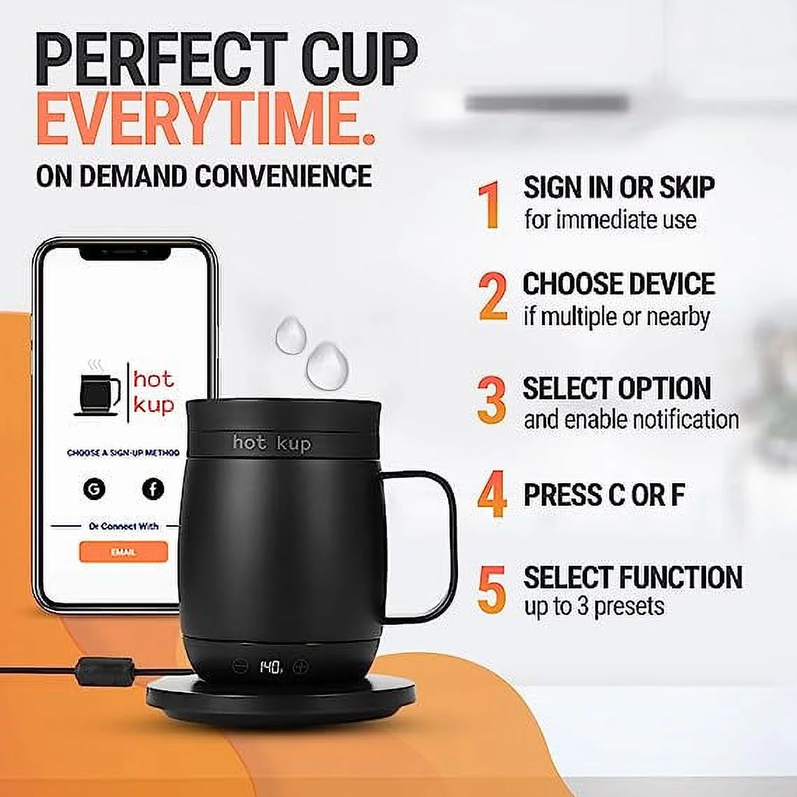 Hot Kup Single Serve Mug - From Ice to Boil and Temperature Controlled Mug in Black with AC Base