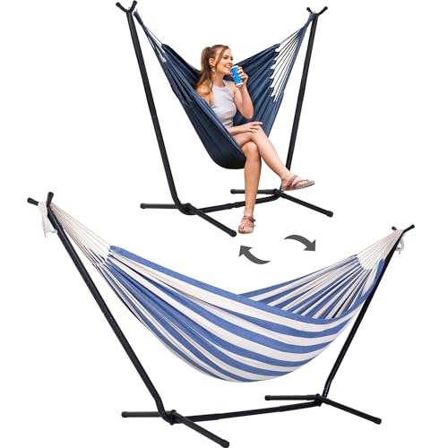 SUNCREAT 2-in-1 Hammocks Hammock Chair with Stand, 475 lbs Capacity, Heavy Duty Two Person Hammock with Stand, Patent Pending, Blue Stripe