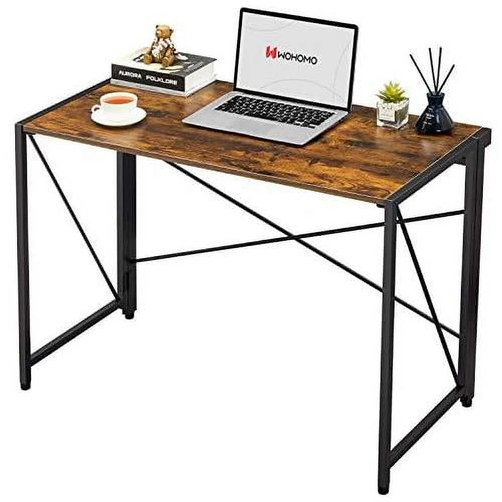 Folding Computer Desk No Assembly Small Desk 39” Study Writing Desk For Small Spaces Foldable Table Brown