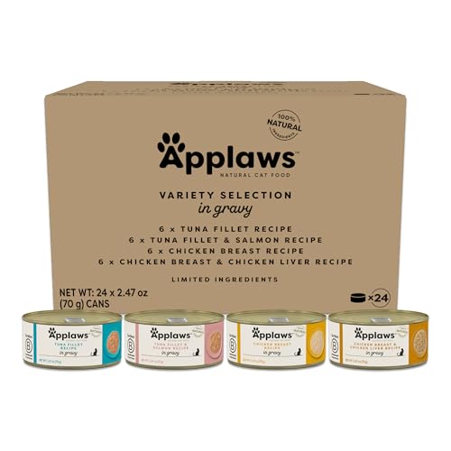 Applaws Natural Wet Cat Food in Gravy, Limited and Natural Ingredients, High Protein with No Artificial Additives, Fish Selection in Gravy (24 x 2.47oz Cans)