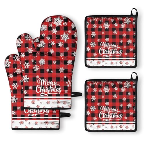 Christmas Oven Mitts and Pot Holders Sets of 2 Snowman Santa Claus Heat Resistant Oven Mitts and Hot Pads for Kitchen，Soft Cooking Oven Gloves and Grill Baking BBQ Essentials and Accessories
