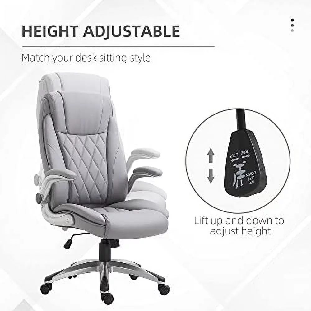High Back 360° Swivel Ergonomic Home Office Chair With Up Arms, Faux Leather Computer Desk Rocking Chair, Grey