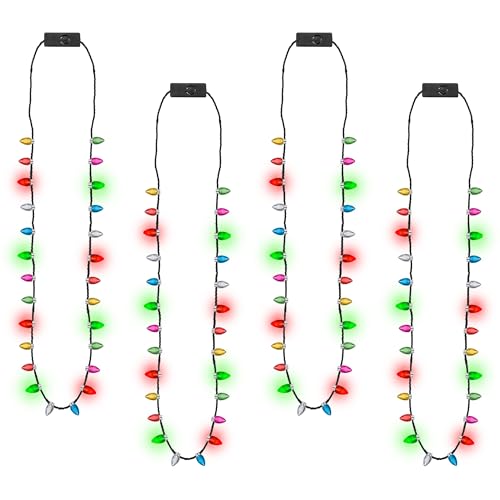Light up Christmas Necklace, 4pcs Xmas Bulb Necklaces Accessories Bulk, Colorful Glow 3D Xmas Bulb Necklaces Decor, 3 Modes Light Necklace Decor for Ugly Sweater New Year Family Party Supplies