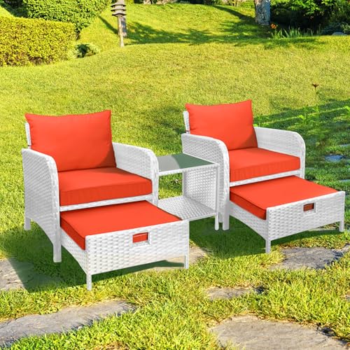 LEVELEVE Balcony Furniture 5 Piece Patio Conversation Set, PE Wicker Rattan Outdoor Lounge Chairs with Soft Cushions 2 Ottoman&Glass Table for Porch, Lawn-Brown Wicker