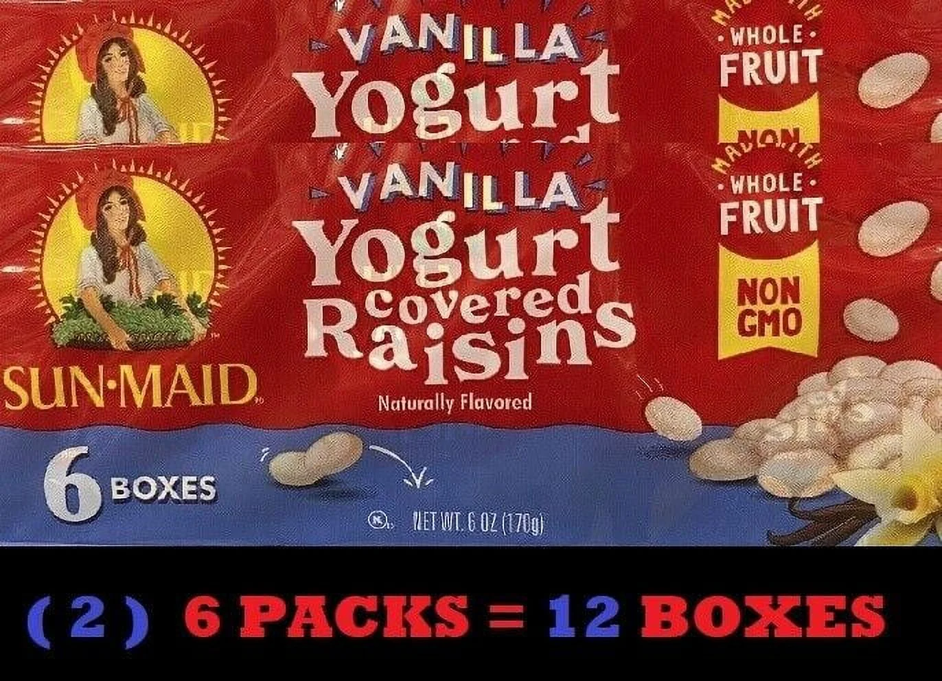 2x Sun-Maid VANILLA YOGURT Covered California Raisins Sun Dried NON GMO 12 BOXES