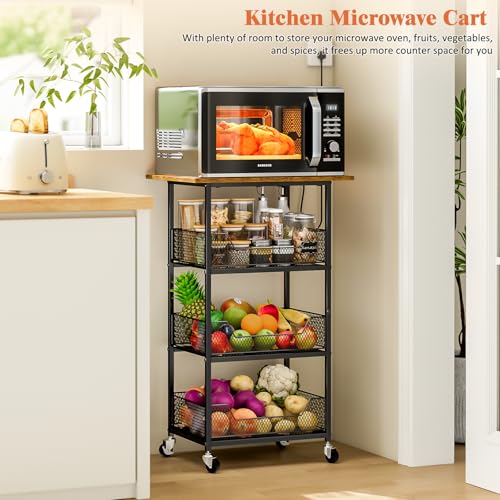 Kitchen Microwave Cart with Fruit Baskets, 4 Tier Microwave Table Stand with Storage, Kitchen Storge Shelf on Wheels Small Rolling Cart Organizer Rack for Pantry, Living Room, Bathroom