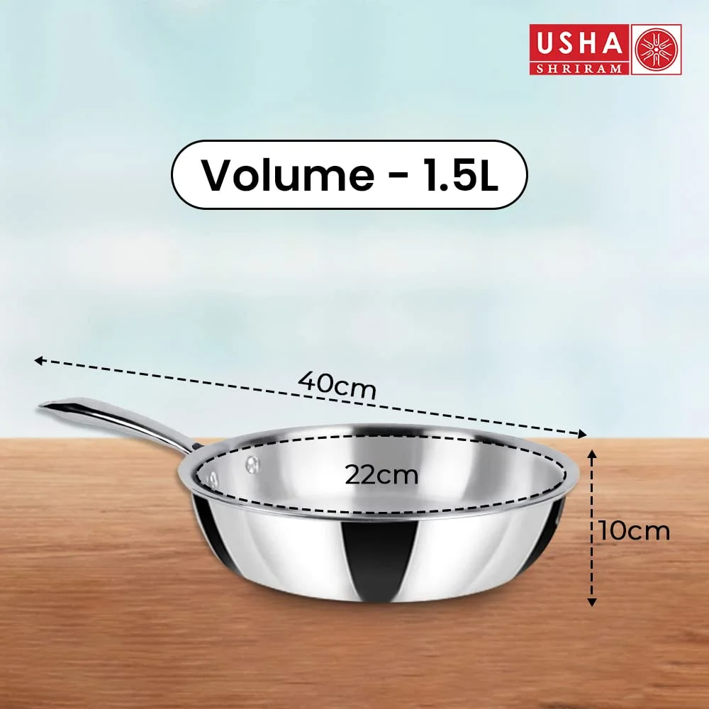 Usha Shriram Triply Stainless Steel Frying Pan With Lid (1.5L) | Stove & Induction Cookware | Heat Surround Cooking | Easy Grip Handles | Stainless Steel Fry Pan With Lid