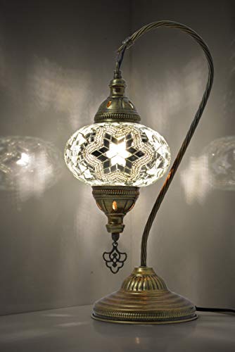 mozaist Turkish Lamp, Swan Neck Mosaic Table Lamp, Moroccan Decorative Glass Antique Bohemian Vintage Lamp Shade, Tiffany Desk Bedside Stained Glass Lamp with US Plug and E12 Socket