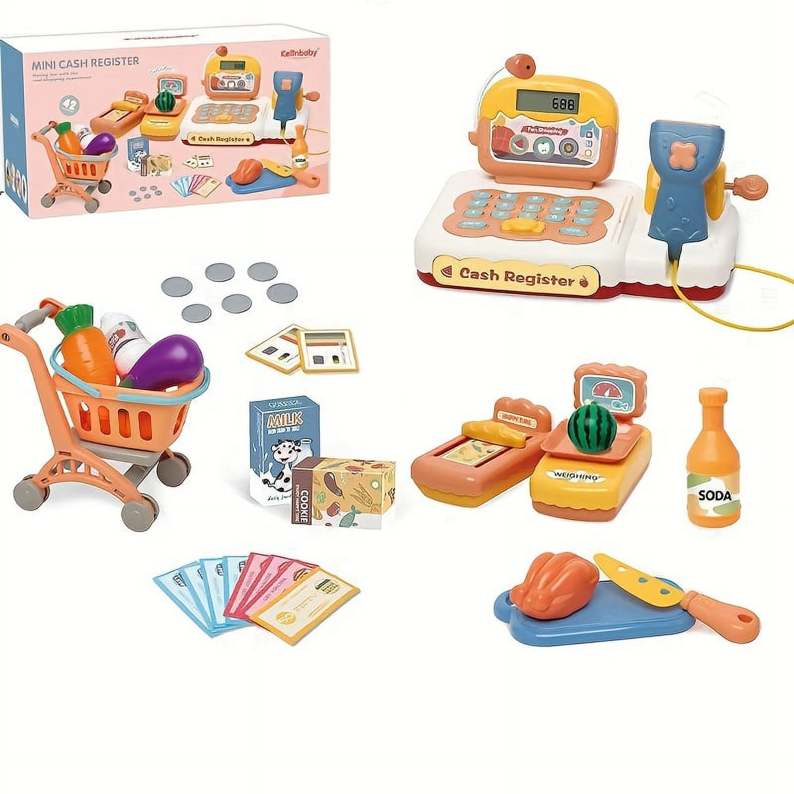 VATENICK Kids Toy Cash Register with Scanner, Play Food, Pretend Play Money Electronic Calculator Realistic Children's Supermarket Cashier Gifts for Toddlers Boys Girls