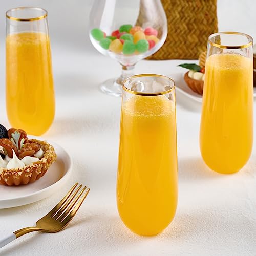 FOCUSLINE 24 Pack 9 Oz Plastic Stemless Gold Rim Champagne Flutes, Heavy Duty, Shatterproof, Disposable & Reusable Crystal Clear Toasting Glasses